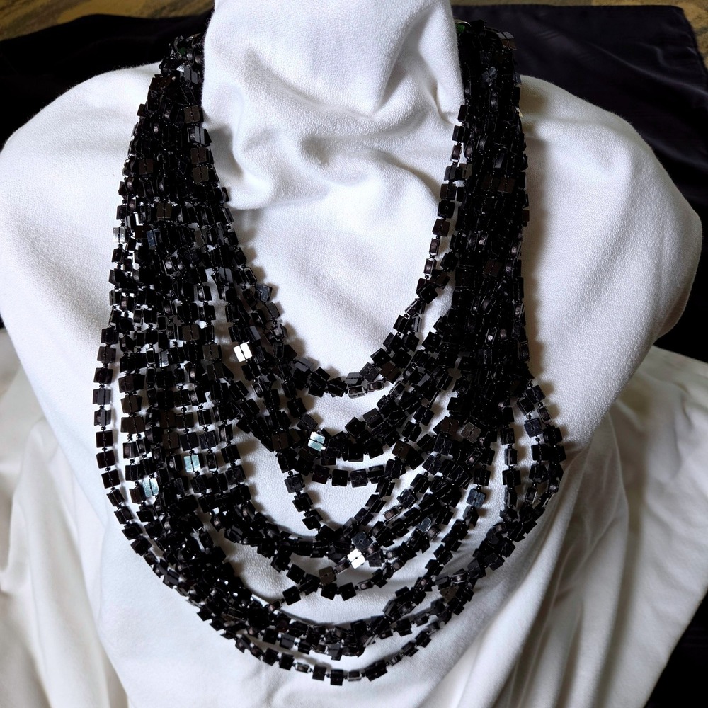 Chico's Eloise Multi Necklace Black Multi-Strand Square Bead Statement NWT‎